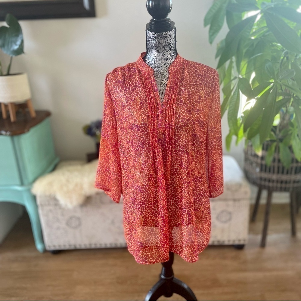 Jaclyn Smith Orange Red Sheer Animal Print Blouse, Size M - Picture 2 of 6